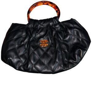 Fashion Lux Black Quilted Leather Pouch Bag with Tortoiseshell Handle